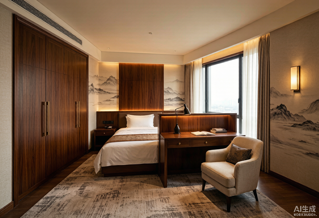 Habitación de hotel con casegoods fijos de madera y butaca suelta de tapicería contract combinados