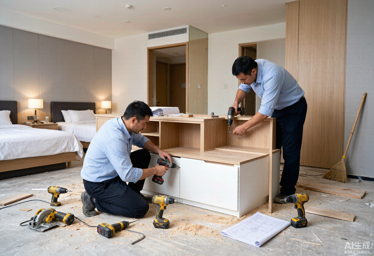 Equipo de instalación montando casegoods de escritorio adosado en una habitación de hotel en renovación