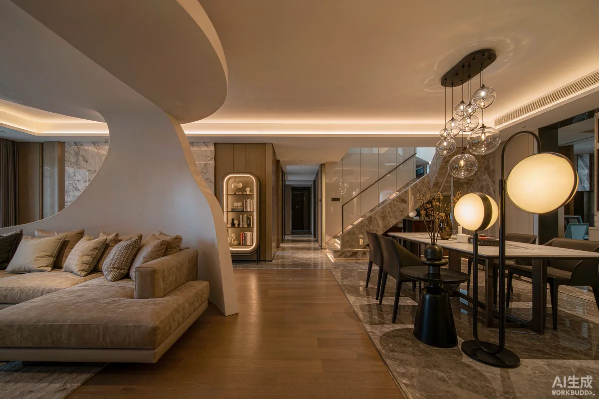 Interior de villa de lujo con iluminación en capas al atardecer