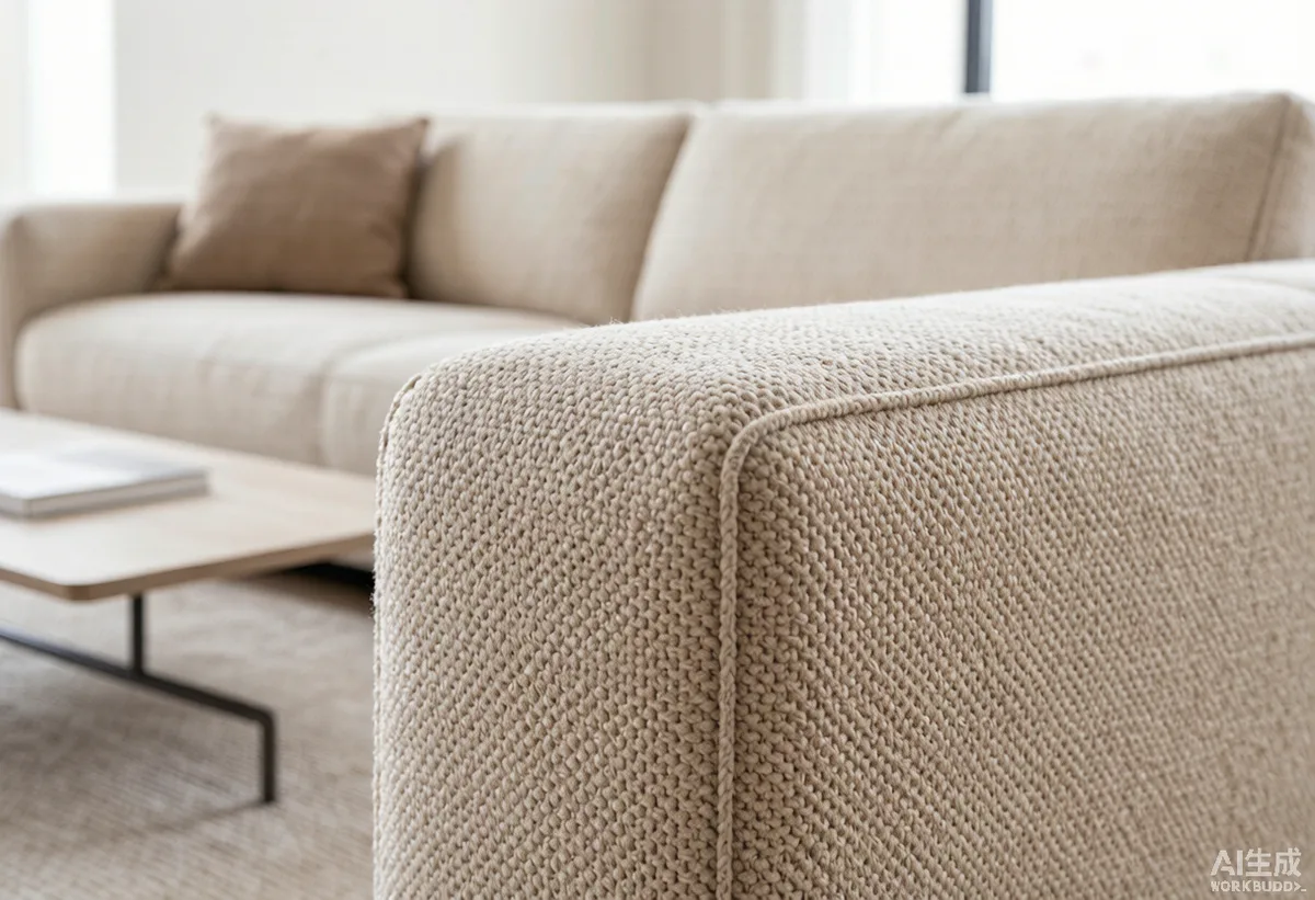 Textura de tela bouclé beige en sofá moderno de lujo