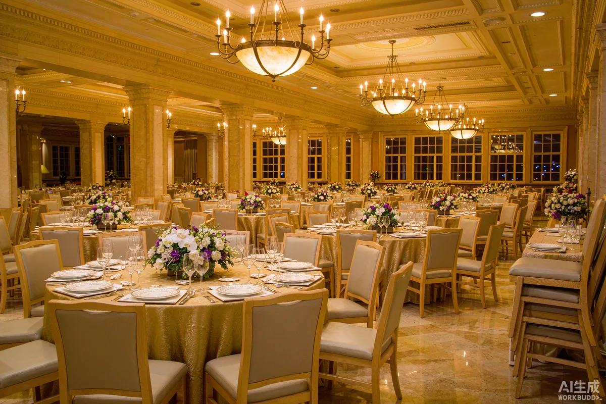 Salón de banquetes de hotel elegante con mesas redondas preparadas