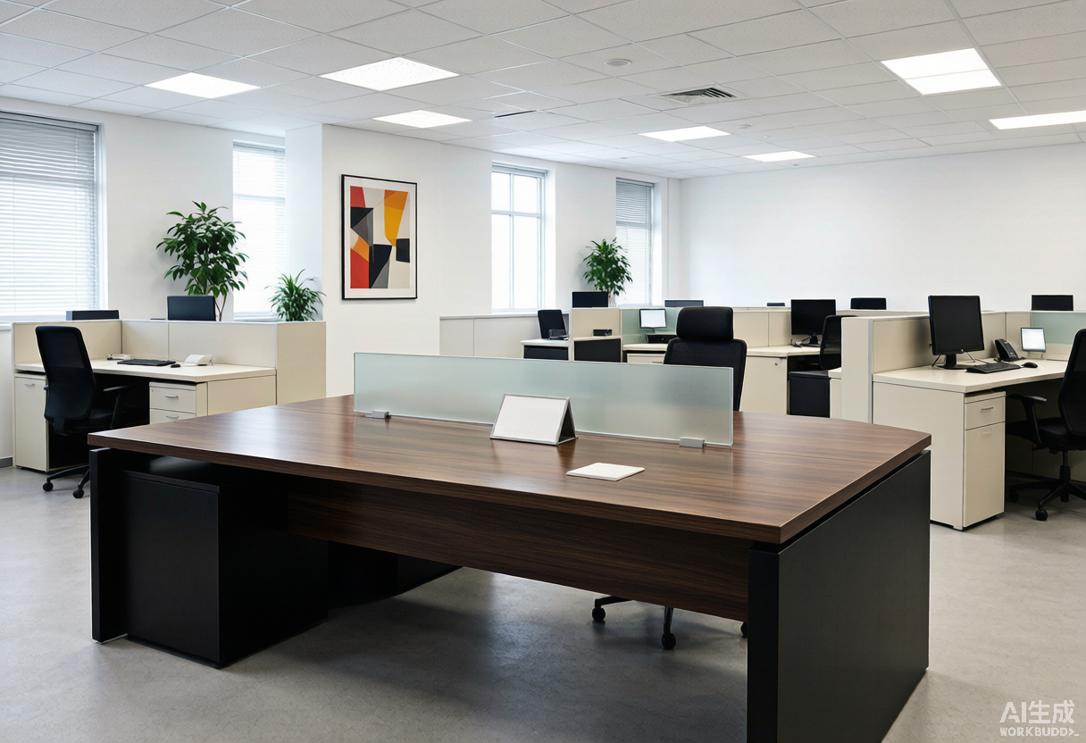 Oficina corporativa con escritorio ejecutivo de madera y puestos de trabajo modulares