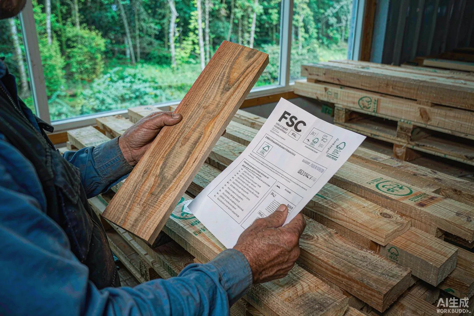 Sello y documento de certificación FSC junto a muestras de madera en una fábrica de muebles