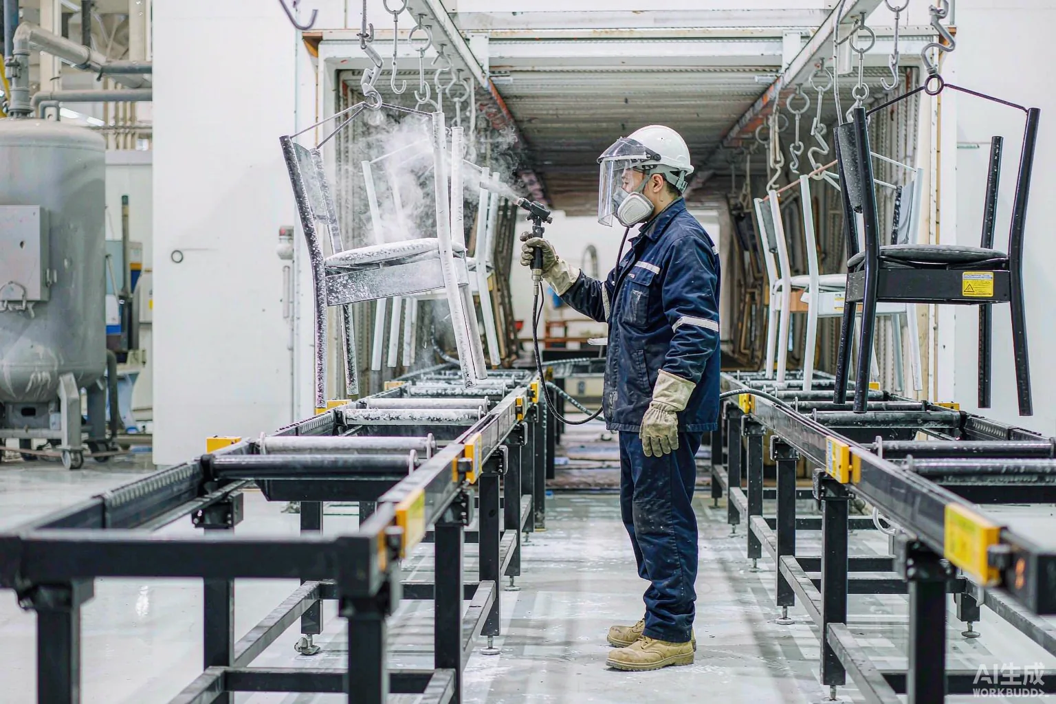 Línea de aplicación de pintura en polvo electrostática en una fábrica de muebles metálicos
