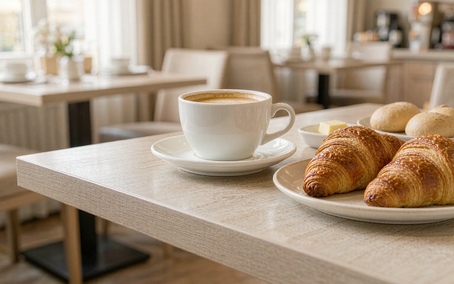 Mesa de desayuno con superficie laminada en luz natural cálida, con taza de café y platos de croissants mostrando el detalle del canto de la superficie