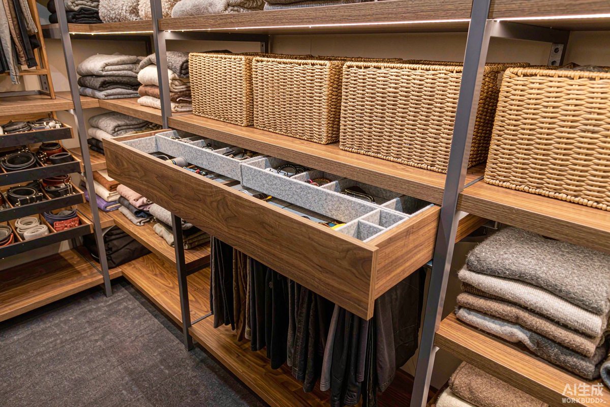 Almacenamiento de cojines y textiles en estantes de un vestidor a medida