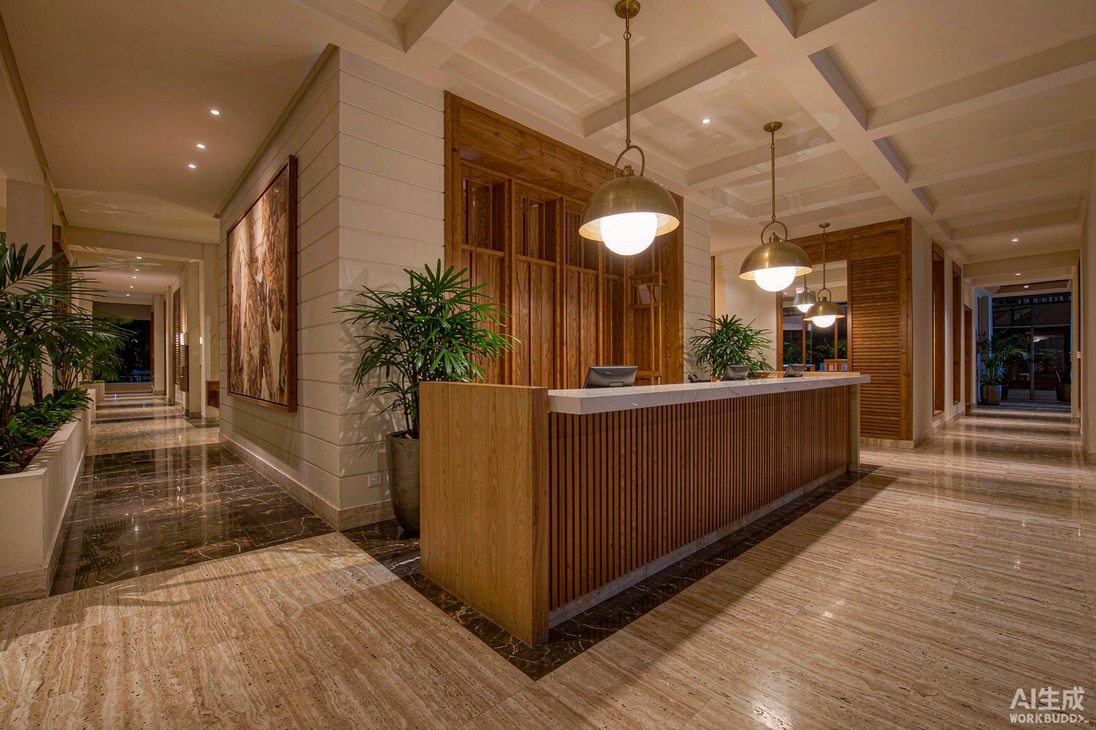 Recepción de hotel boutique con mostrador de madera, iluminación cálida y suelo de travertino