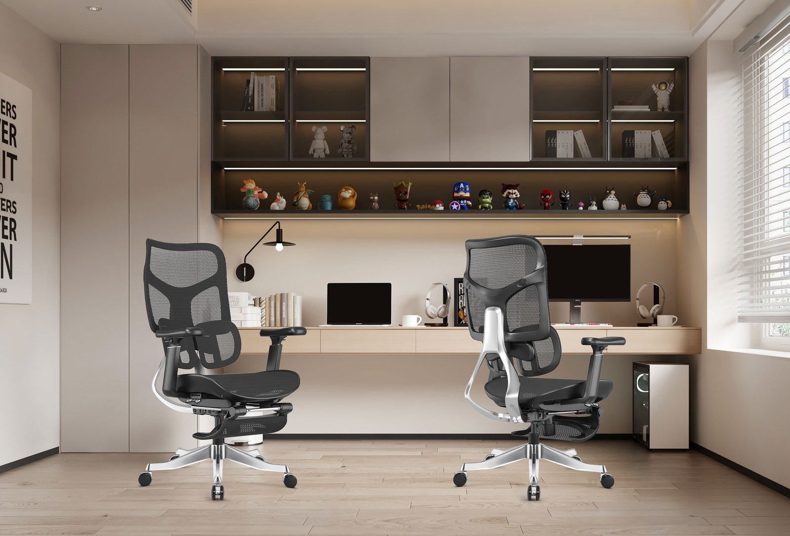 Silla ergonómica de malla con apoyabrazos ajustables en estudio