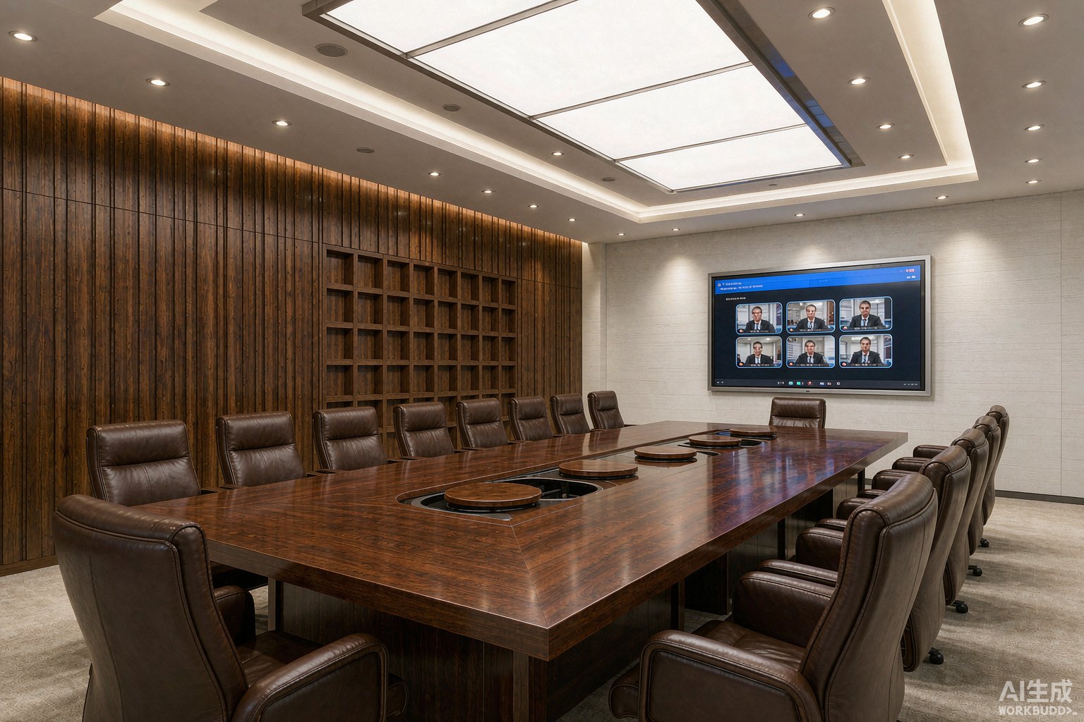 Sala de juntas ejecutiva con mesa de conferencias de madera y sillas de respaldo alto