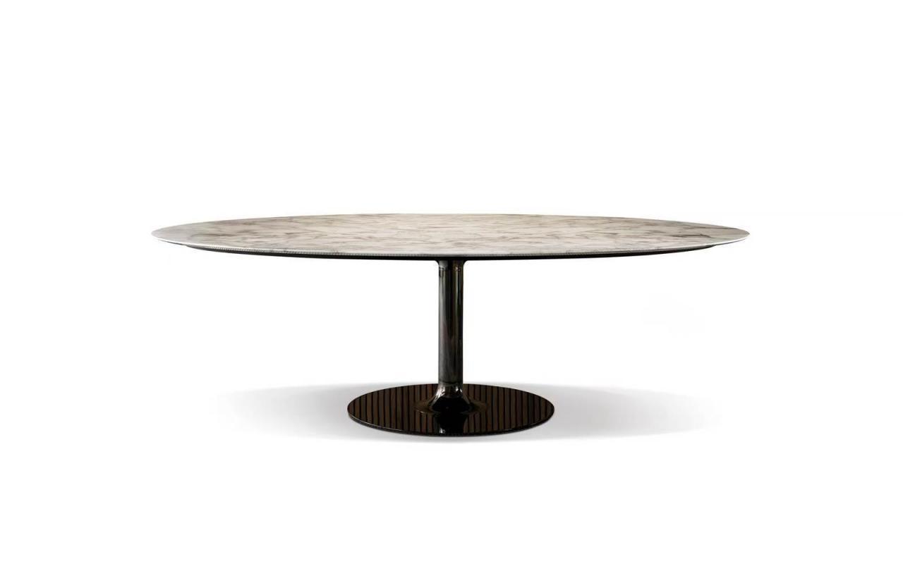 Mesa de comedor larga T024, referencia de modelo Fenmi Casa con tablero de piedra y apoyos decorativos