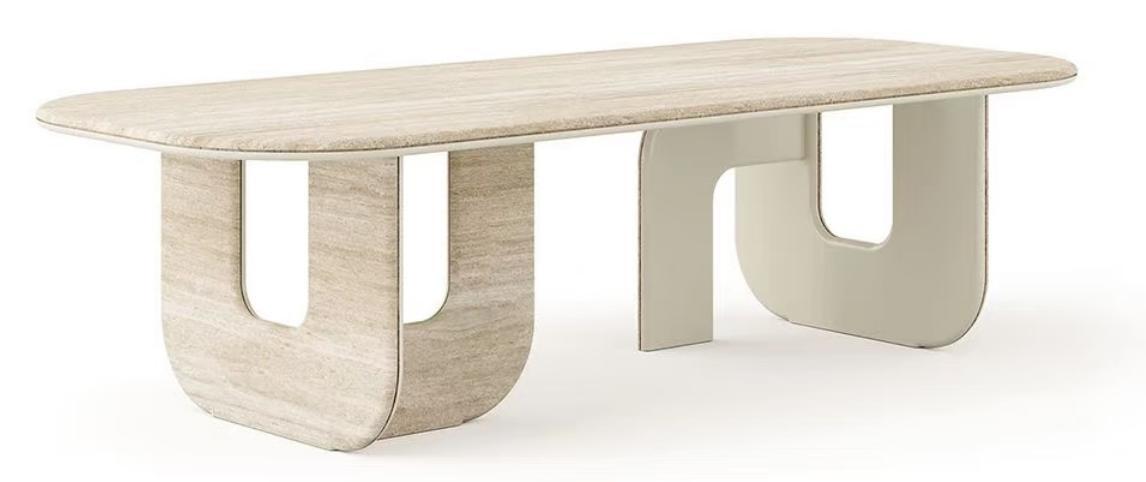 Mesa de comedor larga T109, referencia de modelo Fenmi Casa con tablero de piedra y apoyos decorativos