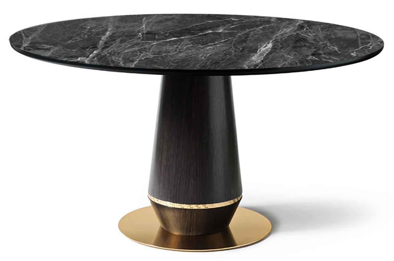 Mesa de comedor redonda T002, referencia de modelo Fenmi Casa con tablero de piedra y apoyos decorativos