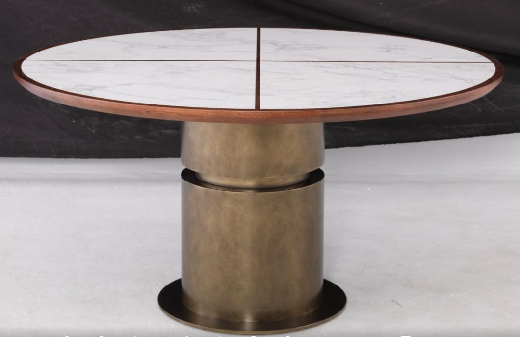 Mesa de comedor redonda T013, referencia de modelo Fenmi Casa con tablero de piedra y apoyos decorativos
