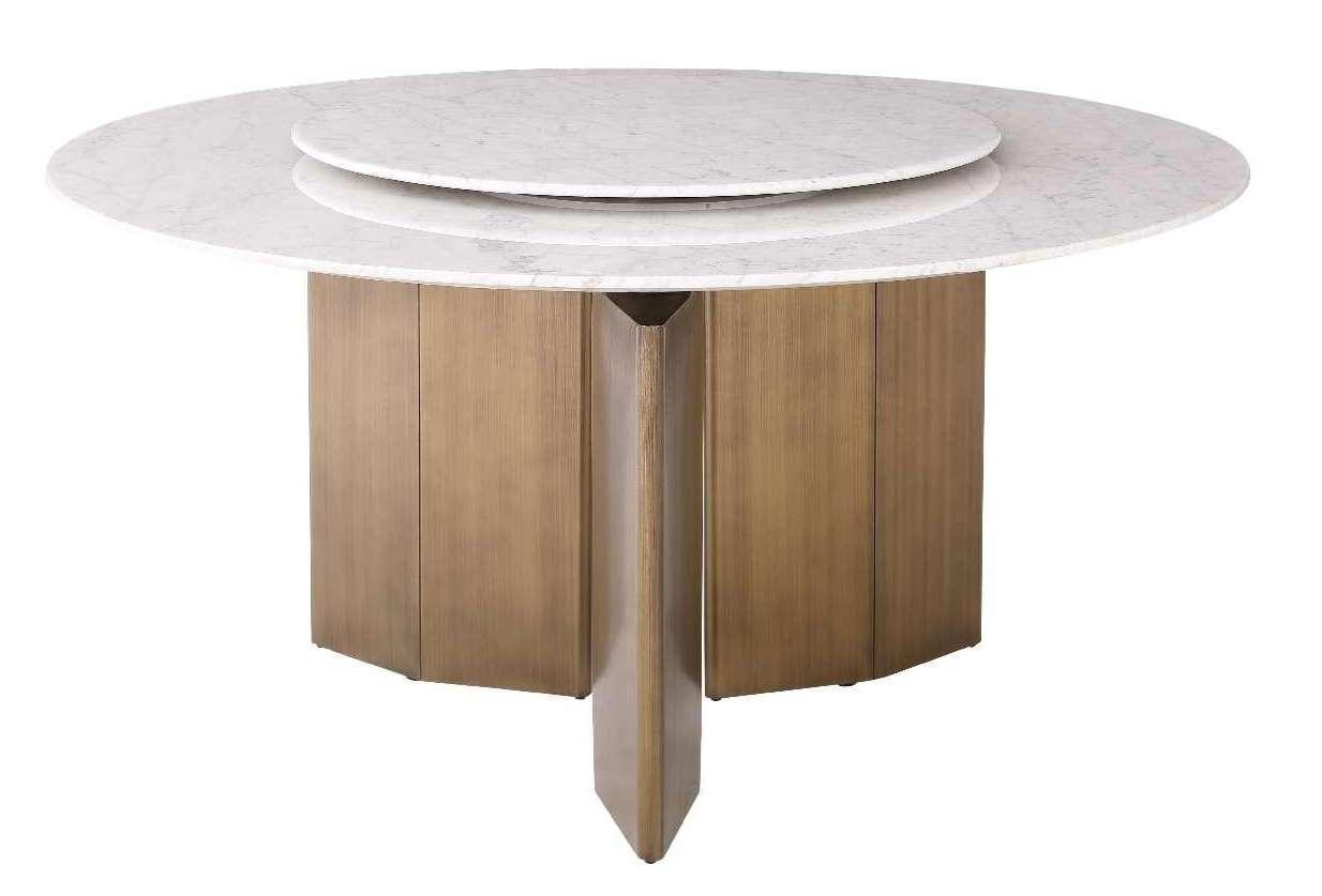 Mesa de comedor redonda T040, referencia de modelo Fenmi Casa con tablero de piedra y apoyos decorativos