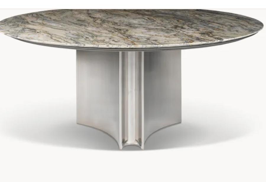 Mesa de comedor redonda T097, referencia de modelo Fenmi Casa con tablero de piedra y apoyos decorativos