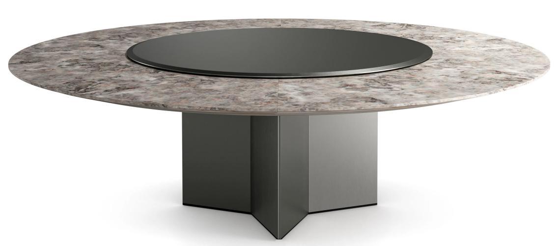 Mesa de comedor redonda T169, referencia de modelo Fenmi Casa con tablero de piedra y apoyos decorativos