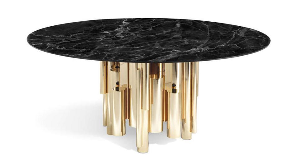 Mesa de comedor redonda T185, referencia de modelo Fenmi Casa con tablero de piedra y apoyos decorativos