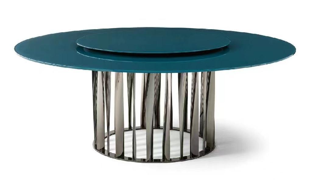 Mesa de comedor redonda T191, referencia de modelo Fenmi Casa con tablero de piedra y apoyos decorativos