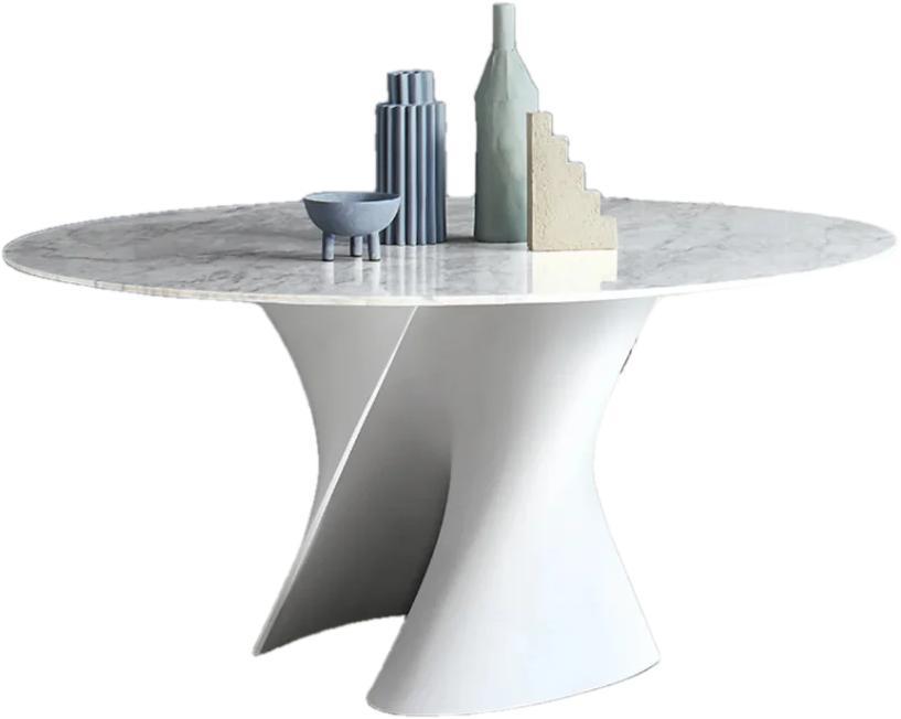 Mesa de comedor redonda T199, referencia de modelo Fenmi Casa con tablero de piedra y apoyos decorativos
