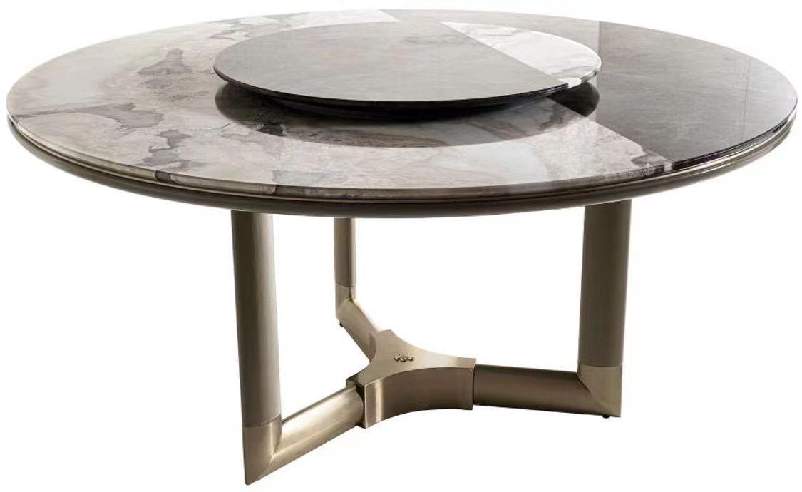 Mesa de comedor redonda T214, referencia de modelo Fenmi Casa con tablero de piedra y apoyos decorativos