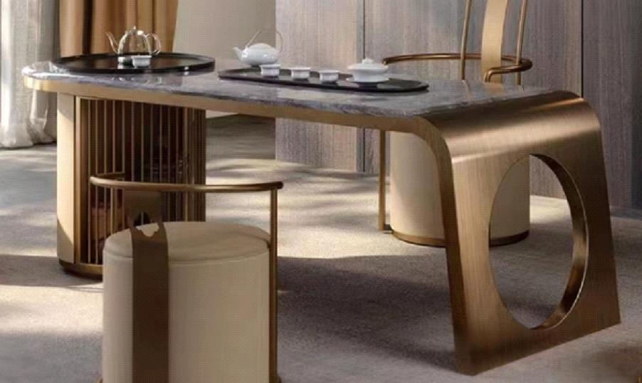 Mesa de té TS002, referencia de modelo Fenmi Casa con tablero de piedra y apoyos decorativos