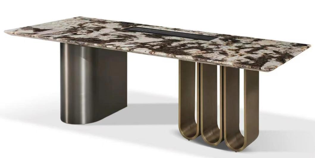 Mesa de té TS004, referencia de modelo Fenmi Casa con tablero de piedra y apoyos decorativos